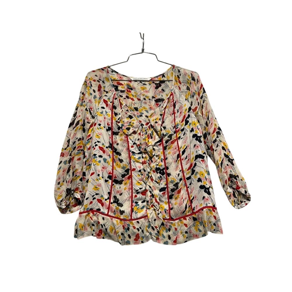 Diane von Furstenberg Silk Ruffle Abstract Floral 3/4 Sleeve Blouse Small